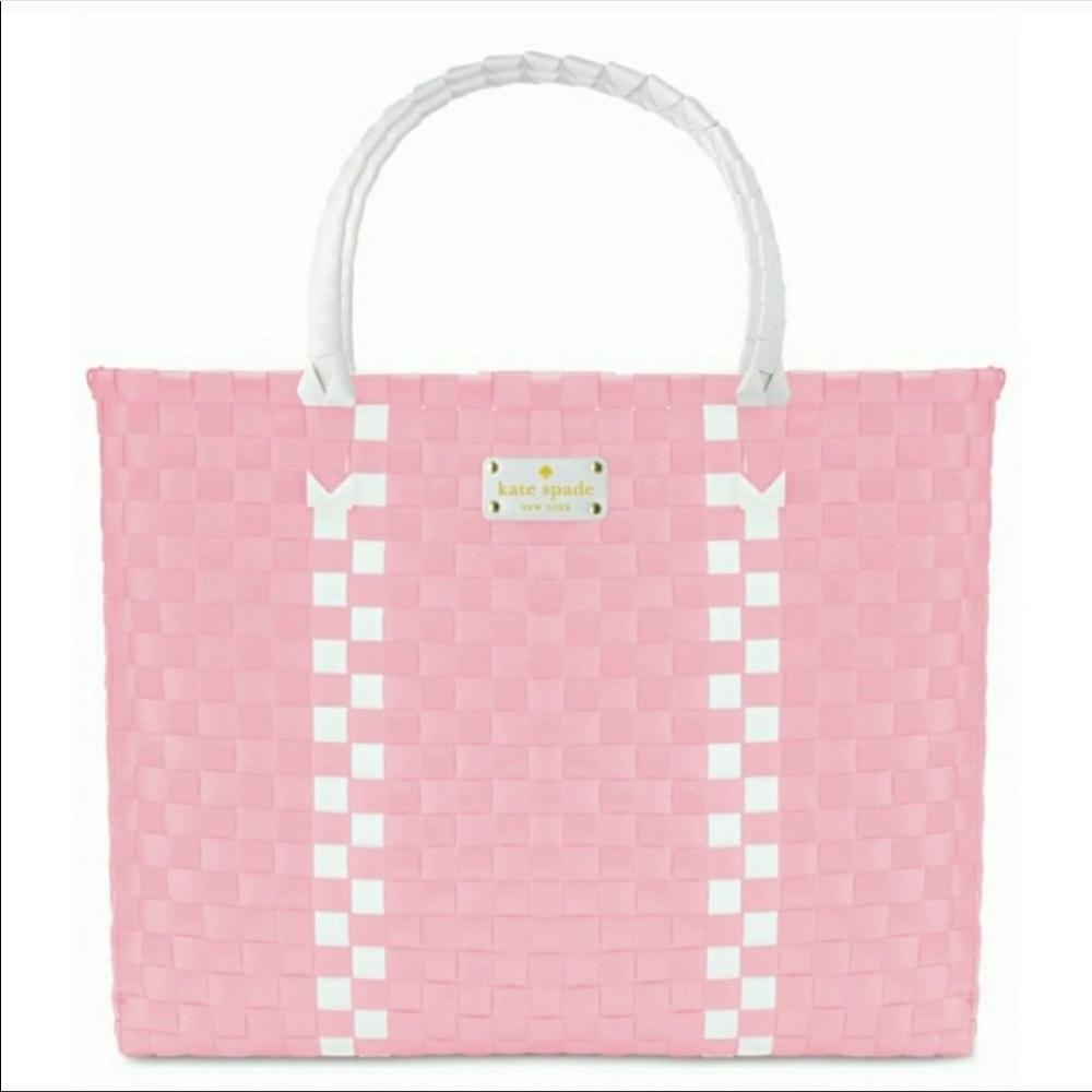 KATE SPADE PINK WHITE WOVEN PICNIC TOTE BAG BASKET